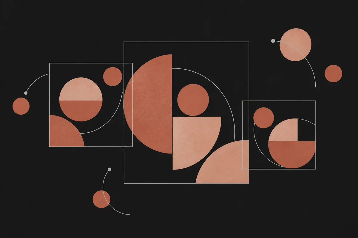 Coral ink illustration of geometric forms seen through different windows
