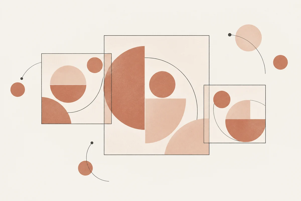Coral ink illustration of geometric forms seen through different windows