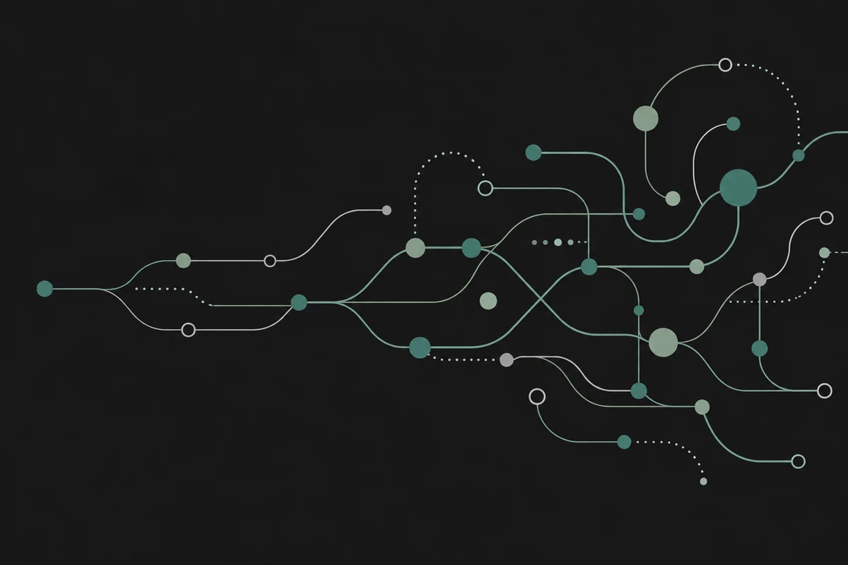 Teal ink illustration of branching paths that grow and reconnect