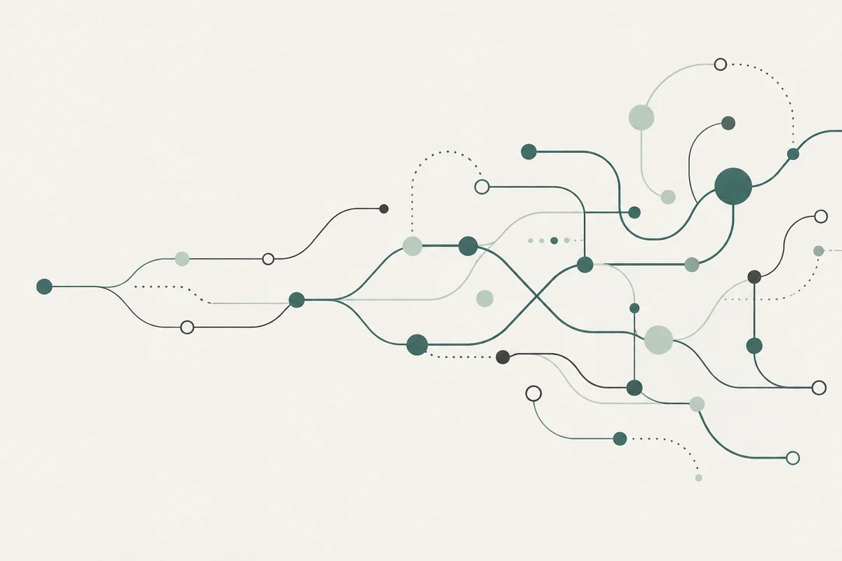 Teal ink illustration of branching paths that grow and reconnect