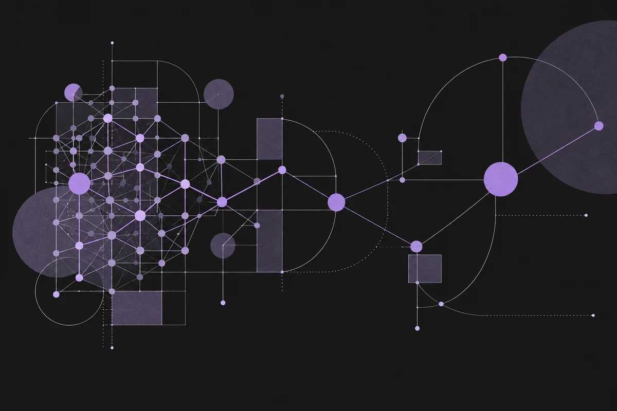 Purple ink illustration of a sparse network opening into a larger space