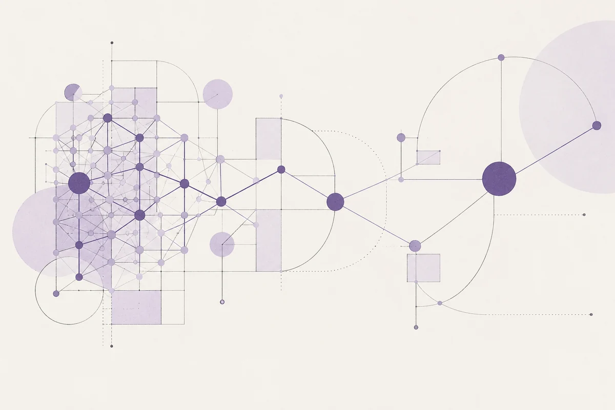 Purple ink illustration of a sparse network opening into a larger space